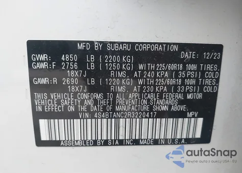 2024 Subaru Outback Limited z USA, uszkodzony, nr VIN 4S4BTANC2R3220417